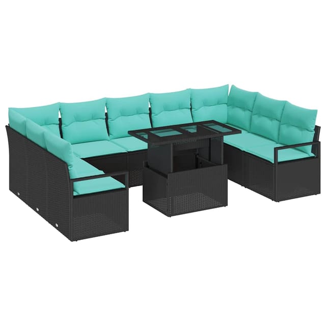 vidaXL Gartensofa-Set mit Speicher 10-Tlg Schwarz und Blau Poly Rattan 3348892