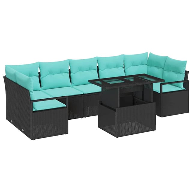 vidaXL Garten-Sofa-Set mit Kissen 8-Tlg Schwarz und Blau Poly-Rattan 3348782