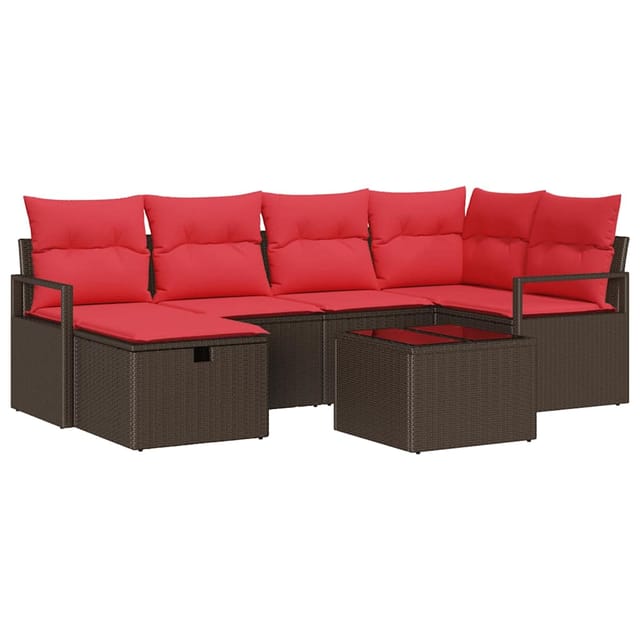 vidaXL Sofa Set mit Kissen 7-Tlg Braun und Rot Poly-Rattan 3359193