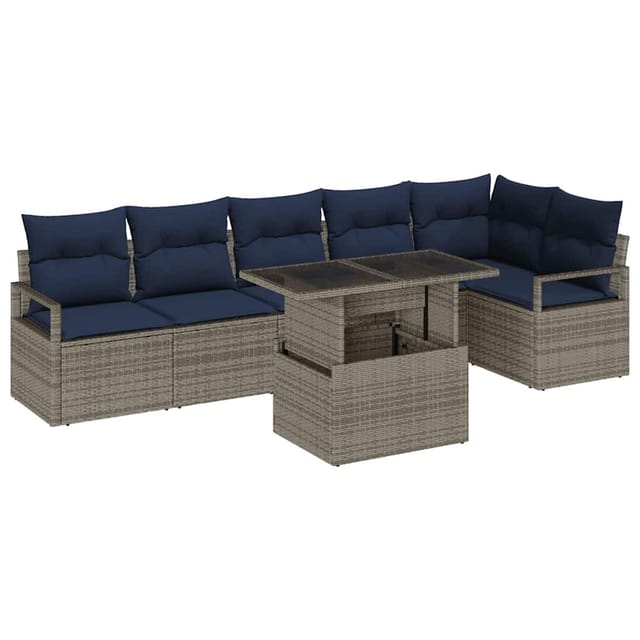 vidaXL Gartensofa-Set mit Kissen 7-Tlg Grau und Marineblau Poly-Rattan 3348841