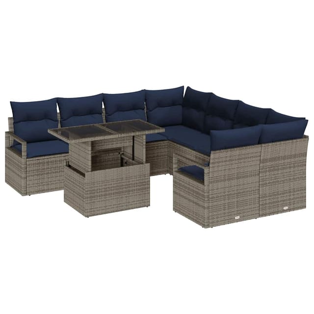 vidaXL Gartensofa-Set mit Kissen 9-Tlg Grau und Marineblau Poly-Rattan 3348801