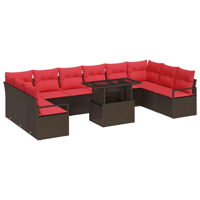 vidaXL Garten-Sofa-Set mit Kissen 11-Tlg Braun und Rot Poly-Rattan 3348900