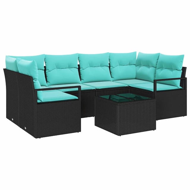 vidaXL Sofa Set 7-Tlg Schwarz und Blau Poly-Rattan 3346286