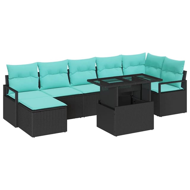 vidaXL Garten-Sofa-Set mit Kissen 8-Tlg Schwarz und Blau Poly-Rattan 3348872