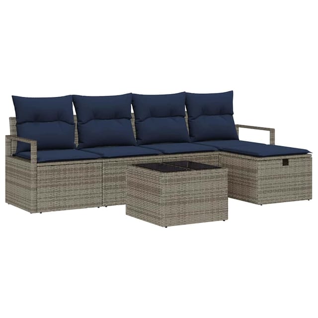 vidaXL Sofa Set mit Kissen Grau und Marineblau Poly-Rattan 3359174