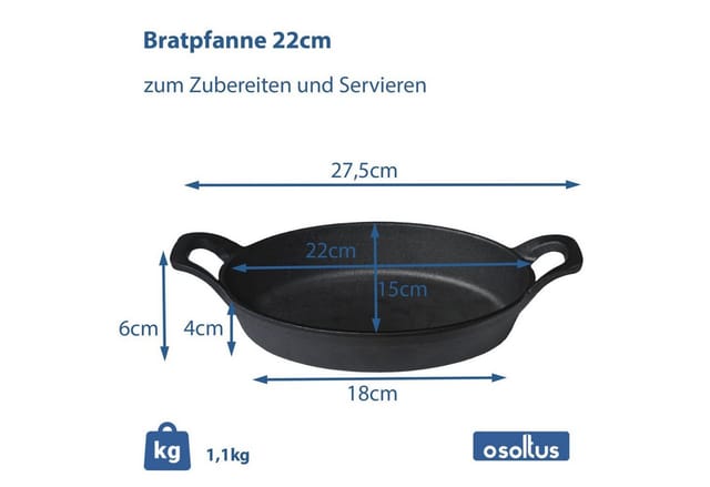 osoltus Grillpfanne Gusseisen mit 2 Griffen Oval 22 x 15 cm