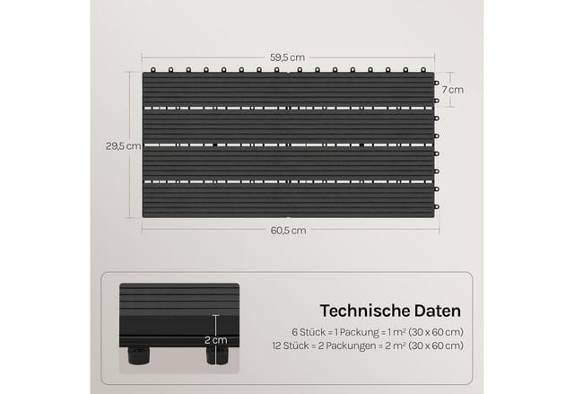 WOLTU WPC Terrassendielen Holz-Optik 30x60cm 12 Stück/2 m² Anthrazit
