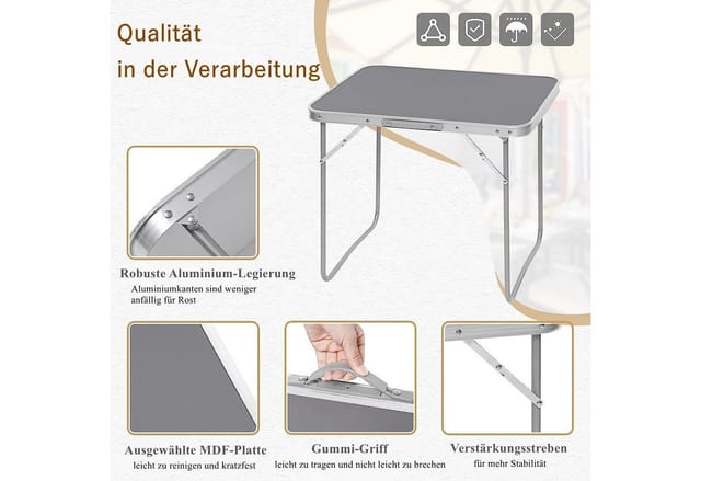WOLTU Campingtisch Klapptisch mit Griff Zusammenklappbar Alu Grau