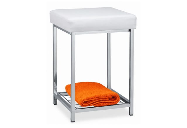 Relaxdays Polsterhocker Eisen Kunstleder Weiß Chrom mit Ablage Bodenschonend 47 cm x 33 cm x 33 cm 2,6 kg