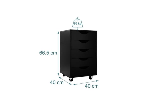 Relaxdays Rollcontainer MDF Schwarz mit 5 Schubladen 66,5 cm x 40 cm x 40 cm 17,1 kg
