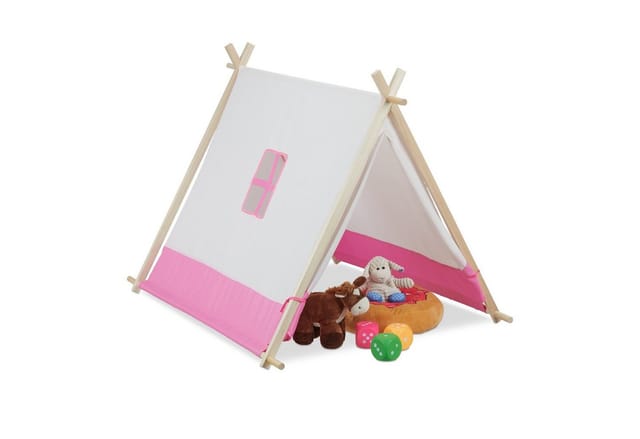 Relaxdays Tipi Zelt Polyester Holz Weiß Rosa mit Fenster 92 cm x 120 cm x 86 cm 2,1 kg
