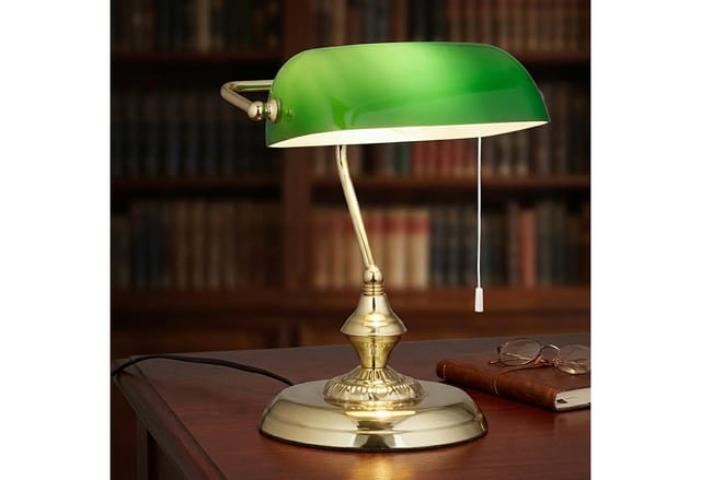 Relaxdays Bankerlampe Metall Glas Grün Messing Zugschalter E27-Fassung 31 cm x 22,5 cm x 18,5 cm 2,2 kg