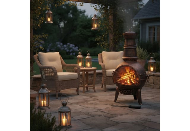 Relaxdays Terrassenofen Gusseisen Stahl Bronze Schwarz mit Funkenschutz und Luftventil 86 cm x 46 cm x 38 cm 14,4 kg