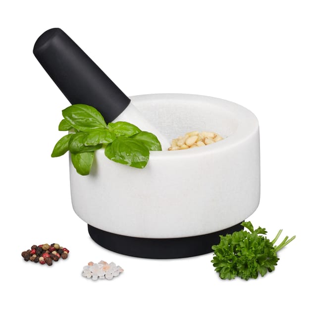 Relaxdays Mörser mit Stößel Marmor Weiß Rutschfest 8 cm x 14 cm 1,85 kg