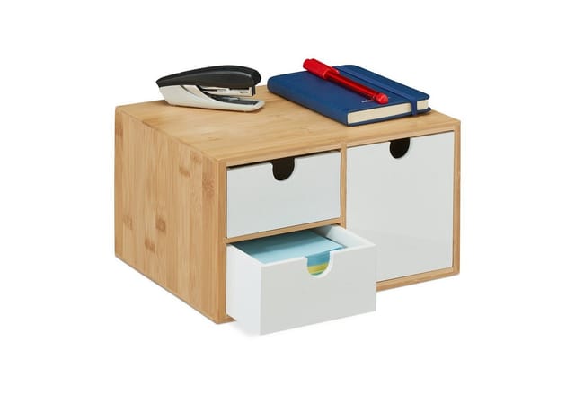 Relaxdays Schubladenbox Bambus MDF Weiß Natur 3 Schubladen 14,5 cm x 25 cm x 20 cm 1,8 kg