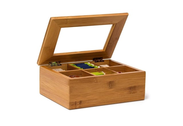 Relaxdays Teebox Bambus Natur Luftdicht 6 Fächer 9 cm x 22 cm x 16 cm 0,7 kg