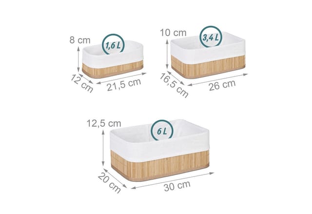 Relaxdays Aufbewahrungskorb Bambus Natur Feuchtigkeitsabsorbierend 3er Set 12,5 cm x 30 cm x 20 cm