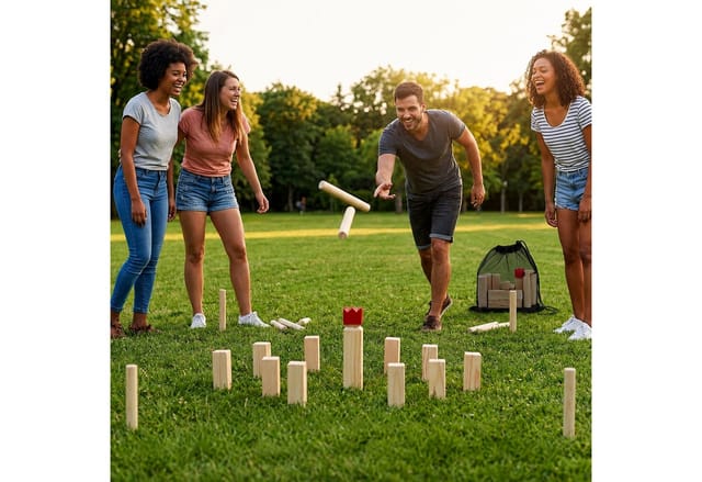 Relaxdays Kubb Wikingerspiel Kiefernholz Natur Rot Netztasche 2,6 kg