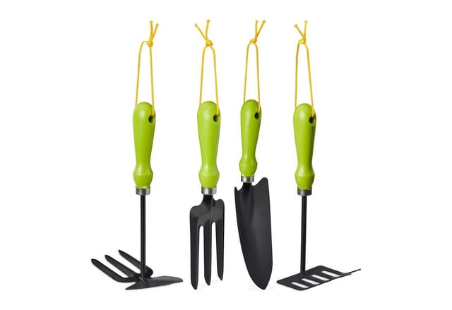 Relaxdays Gartenwerkzeug Set Eisen Kunststoff Vierteilig Mit Aufhängung 27,5 cm x 8 cm x 3,5 cm 460 g