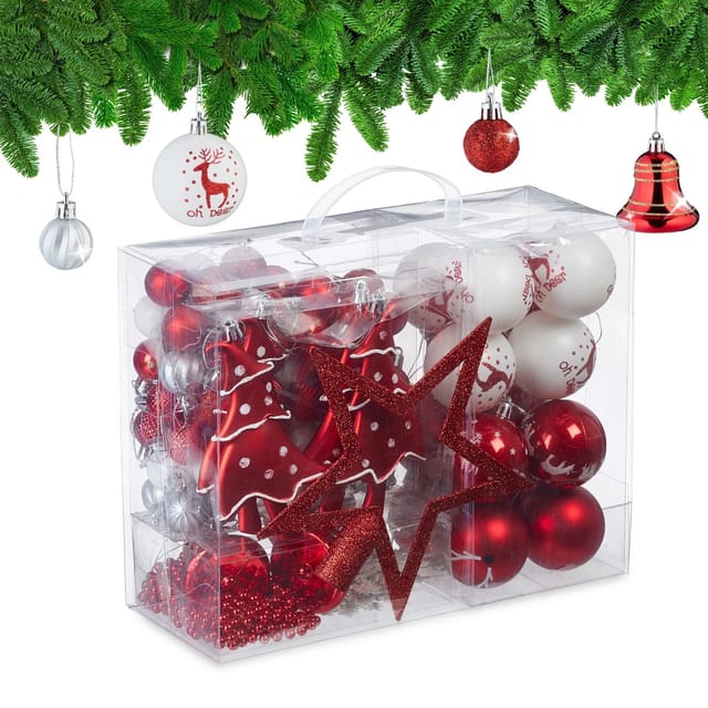Relaxdays Weihnachtskugeln Kunststoff Weiß Rot 103er Set mit Aufbewahrungsbox