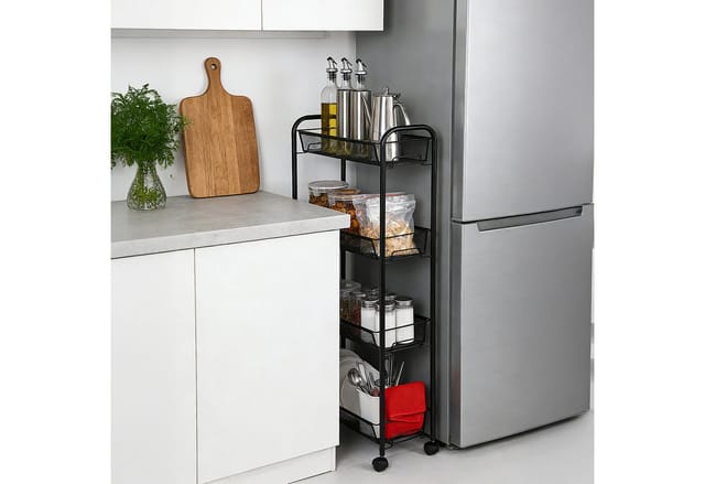 Relaxdays Rollwagen Stahl Schwarz 4 Ebenen Mit Rollen 97,5 cm x 44 cm x 17 cm