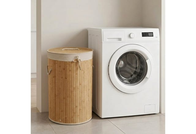 Relaxdays Wäschekorb Bambus Creme Rund Faltbar mit Deckel 65 cm x 41 cm 1,9 kg