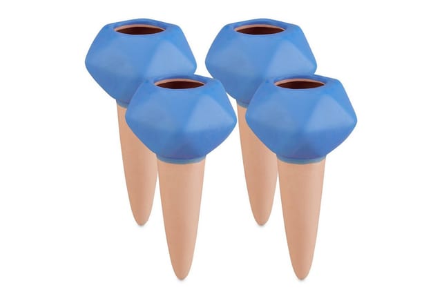Relaxdays Bewässerungskegel 4er Set Keramik Terrakotta Blau 11,5 cm x 6 cm