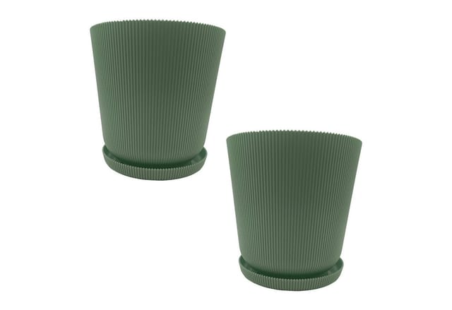 Relaxdays Blumentöpfe mit Untersetzern 2er Set Kunststoff Salbei Rund Gerippt 20 cm x ø 20 cm Untersetzer ø 17 cm 0,54 kg