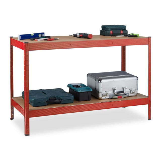 Relaxdays Werkbank 2 Ebenen Stahl Rot Natur 91 cm x 141 cm x 61 cm