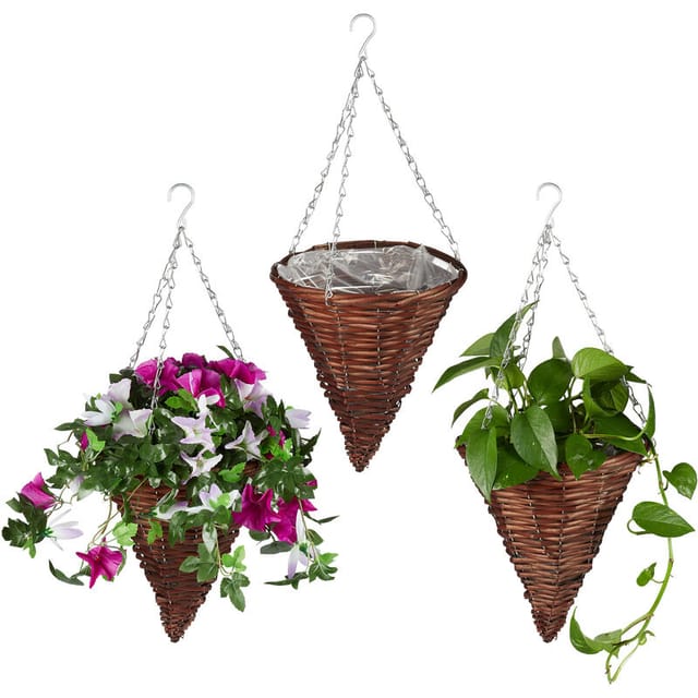 Relaxdays Blumenampel 3er Set Weide Braun Bepflanzbar 30 cm x 25 cm x 58 cm 270 g