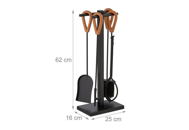 Relaxdays Kaminbesteck 5-teilig aus Metall Schwarz mit Büffelledergriffen 62 cm