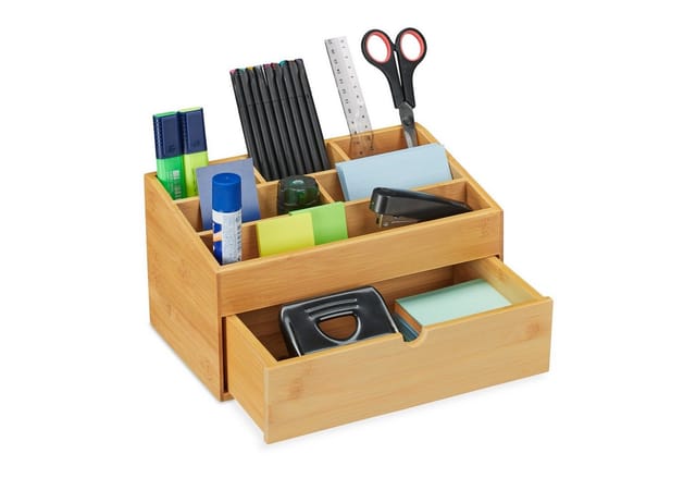 Relaxdays Schreibtischorganizer Bambus MDF Natur Mit Schublade 15 cm x 28 cm x 16,5 cm 1,4 kg