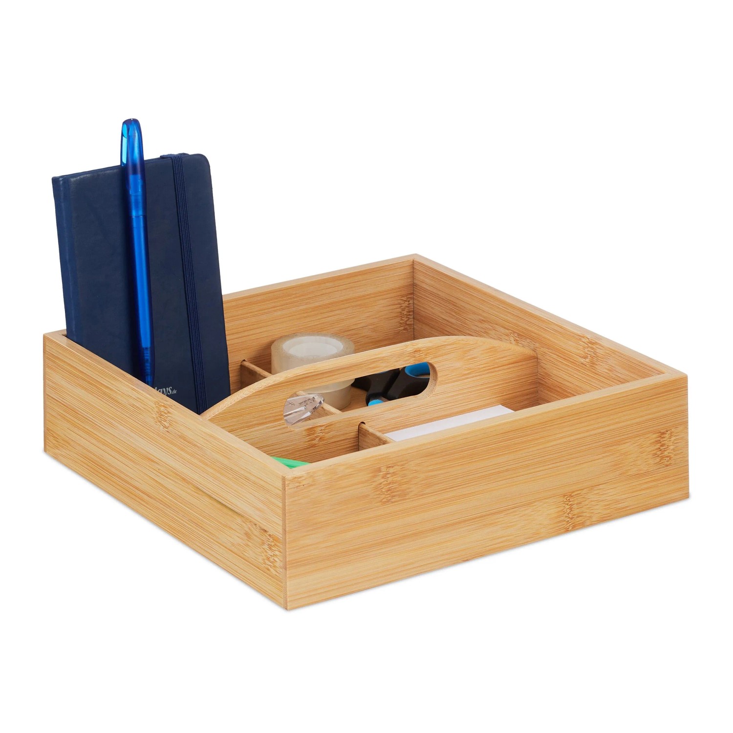 Relaxdays Organizer Bambus Natur mit 4 Fächern mit Griff 6,5 cm x 25 cm x 25 cm 0,6 kg