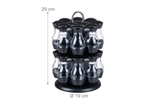 Relaxdays Gewürzkarussell Kunststoff Schwarz Silber mit 16 Gläsern Drehbar 29 cm x 19 cm 1,1 kg