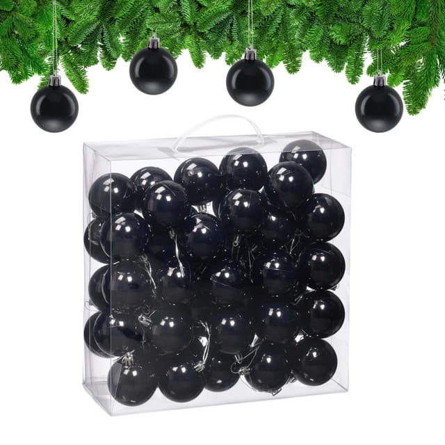 Relaxdays Weihnachtskugeln 50er Set Kunststoff Schwarz Glänzend 7 cm x ø 6 cm