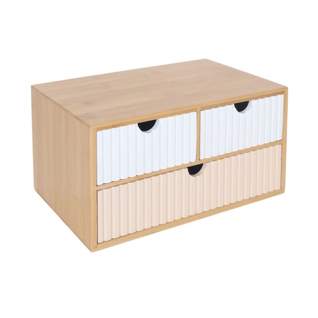 Relaxdays Schubladenbox Bambus Weiß Rosa Geriffelt 15 cm x 30 cm x 20 cm 2 kg