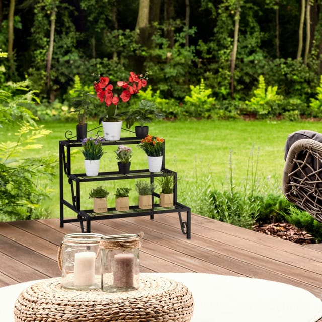Relaxdays Blumentreppe Metall Schwarz 3 Stufen 69 cm x 70 cm x 60 cm