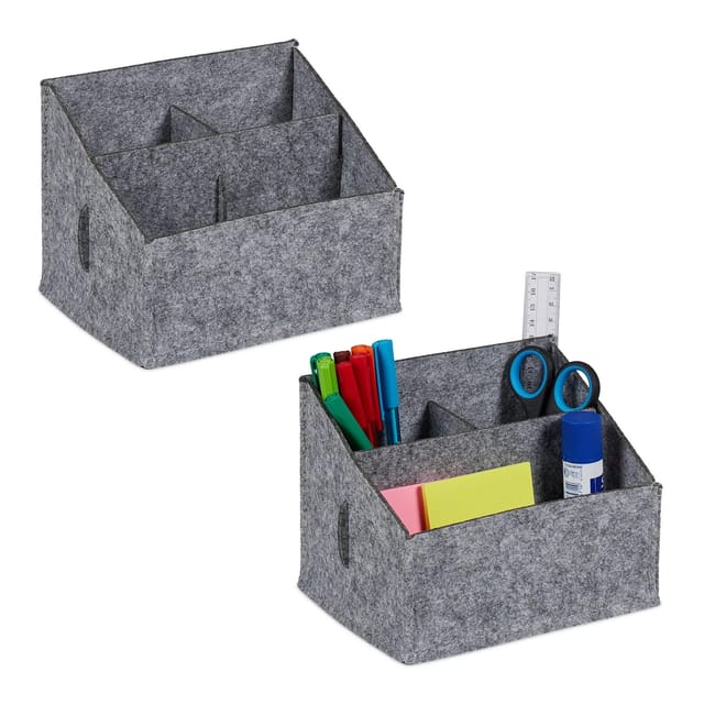 Relaxdays Schreibtisch Organizer Filz Grau mit 3 Fächern 2er Set 14 cm x 18 cm x 14,5 cm 120 g