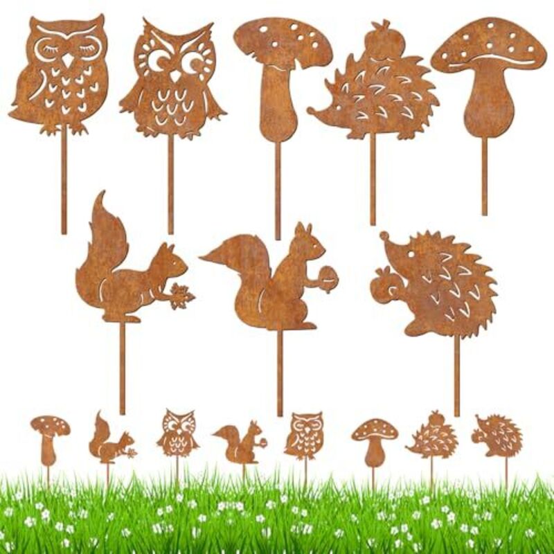 Dog's Booty Set Mit 8 Rostigen Metall-gartensteckern – Herbstdekoration – Eule – Igel – Eichhörnchen – Pilz – Gartendekoration Für Blumentöpfe, Balkon, Hof, Zaun, Rasen