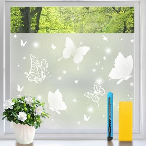 Sichtschutzfolie Für Fenster, Kein Klebstoff Erforderlich, Blickdichte Fensterfolie Mit Mattiertem Schmetterlingsmuster, Uv-beständig, Lichtdurchlässig Und Dekorativ Für Badezimmer, Schlafzimmer, Büro