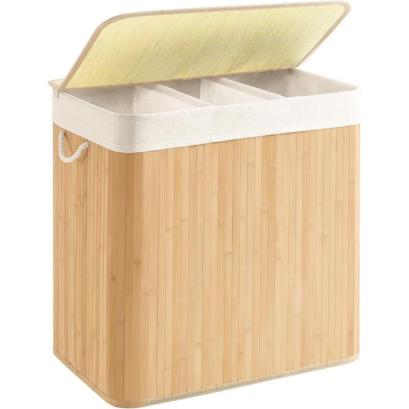 Wäschekorb (150 L), 3-teilig, Bambusdeckel, Griffe, Faltbar, Herausnehmbarer, Maschinenwaschbarer Beutel, Für Waschküche Und Schlafzimmer, Holzfarbe