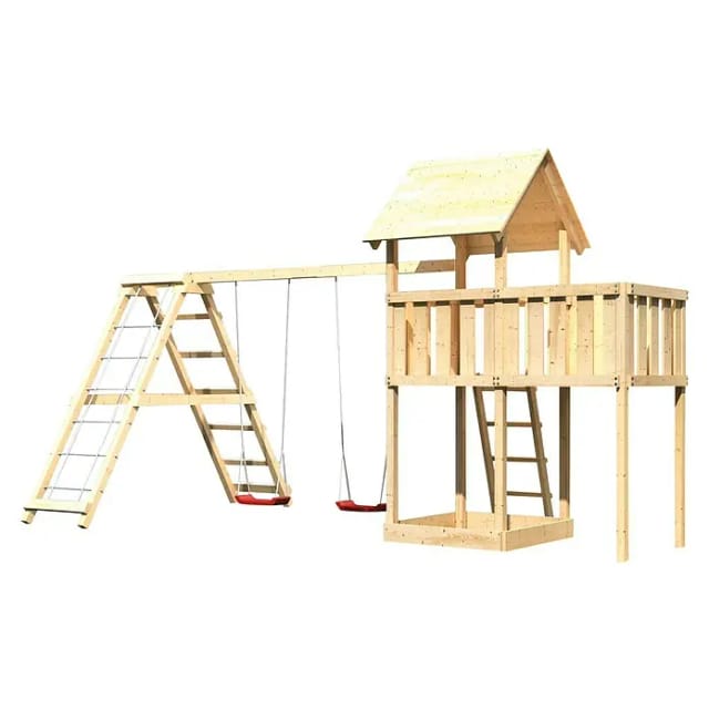 Karibu Spielturm Lotti mit Doppelschaukelklettergerüst & Anbauplattform