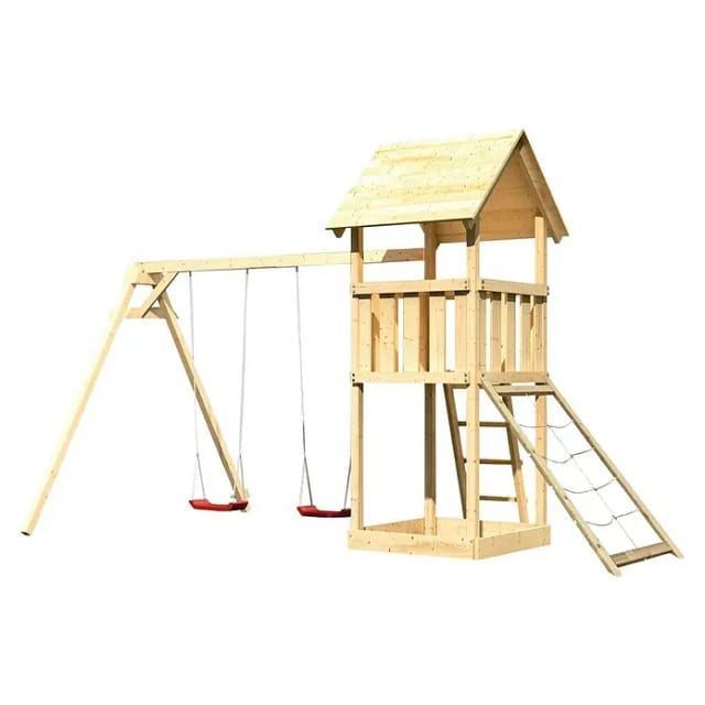 Karibu Spielturm Lotti mit Doppelschaukel & Netzrampe