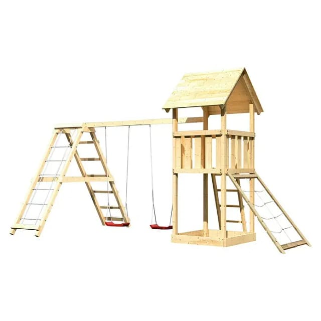 Karibu Spielturm Lotti mit Doppelschaukelklettergerüst & Netzrampe
