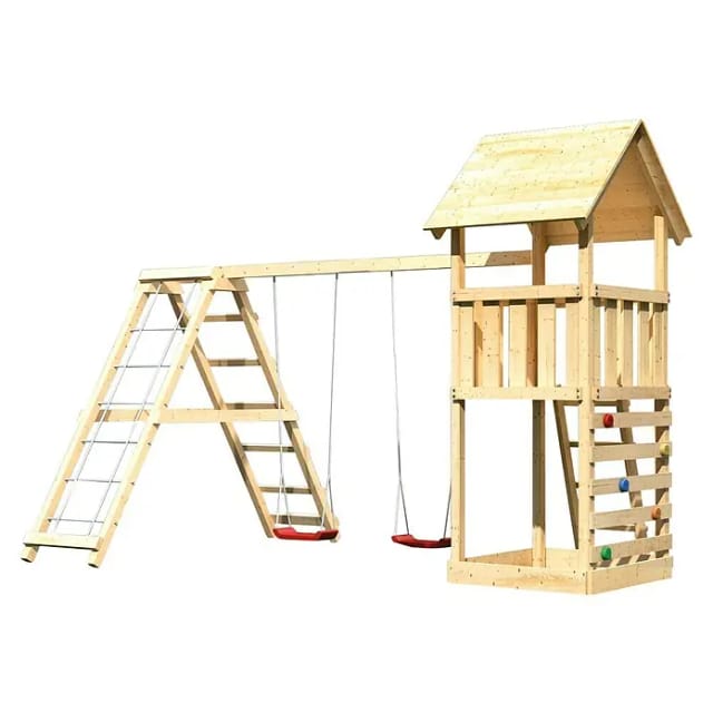 Karibu Spielturm Lotti mit Doppelschaukelklettergerüst & Kletterwand