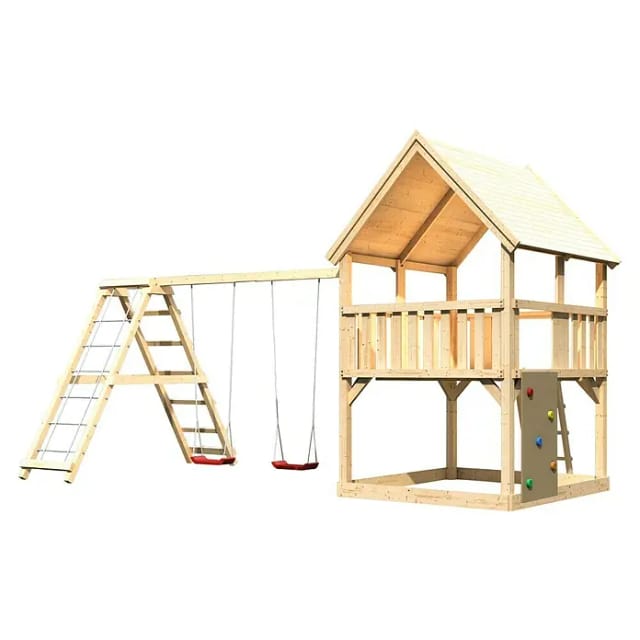 Karibu Spielturm Luis Satteldach Doppelschaukel Klettergerüst Kletterwand