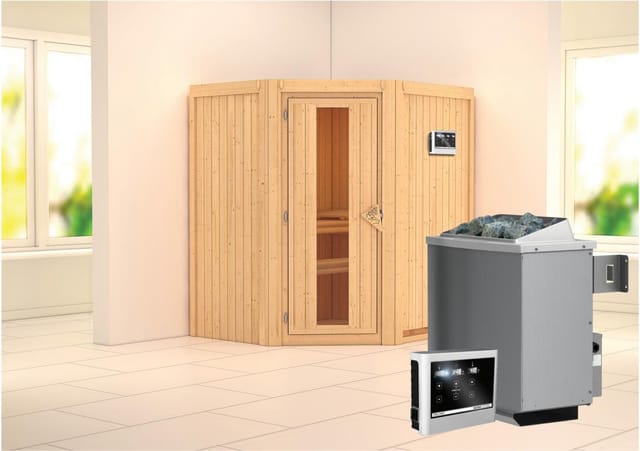 Karibu Sauna Tjorven + Ofen ext. Strg. Easy, Holz-Glastür