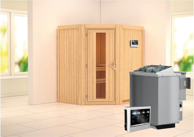 Karibu Sauna Tjorven + Bio-Ofen ext. Strg. Easy, Holz-Glastür