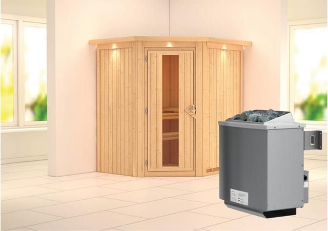 Karibu Sauna Tjorven + Ofen eing. Steuerung, Holz-Glastür, LED-Dachkranz