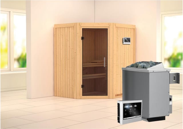 Karibu Sauna Tjorven + Ofen ext. Strg. Easy, Holz-Glastür, LED-Dachkranz